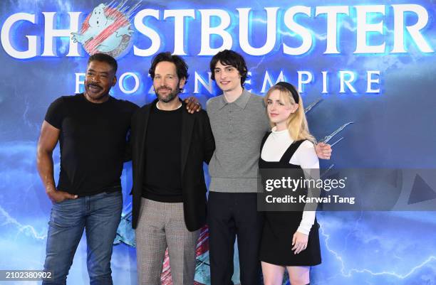Ernie Hudson, Paul Rudd, Finn Wolfhard and Mckenna Grace attend the photocall for "Ghostbusters: Frozen Empire" at Claridge's Hotel on March 21, 2024...