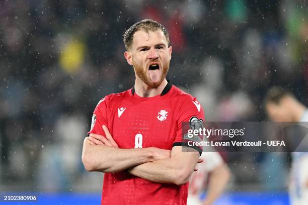 Budu Zivzivadze of Georgia celebrates scoring his team's second goal during the UEFA EURO 2024 Play-Offs semifinal match between Georgia and...