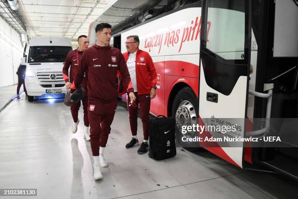 Robert Lewandowski of Poland arrives at the stadium prior to the UEFA EURO 2024 Play-Offs semifinal match between Poland and Estonia at PGE Narodowy...