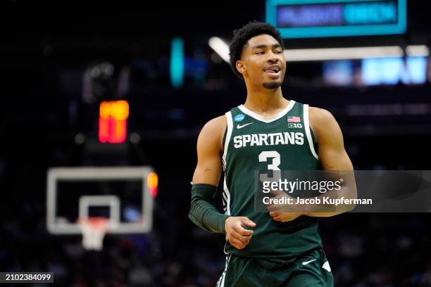 Jaden Akins of the Michigan State Spartans celebrates against the Mississippi State Bulldogs during the second half in the first round of the NCAA...