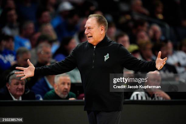 Head coach Tom Izzo of the Michigan State Spartans reacts against the Mississippi State Bulldogs during the second half in the first round of the...