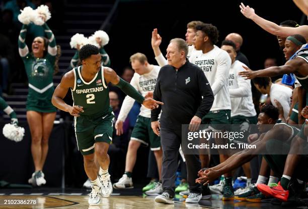Tyson Walker of the Michigan State Spartans celebrates a basket against the Mississippi State Bulldogs during the second half in the first round of...