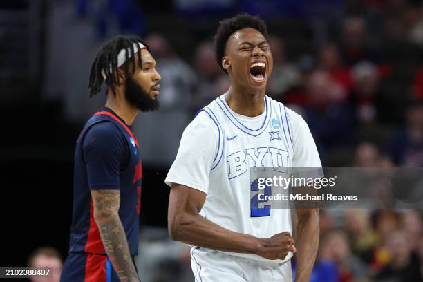 Jaxson Robinson of the Brigham Young Cougars reacts after a shot against the Duquesne Dukes during the second half in the first round of the NCAA...