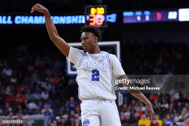 Jaxson Robinson of the Brigham Young Cougars reacts after a shot against the Duquesne Dukes during the second half in the first round of the NCAA...