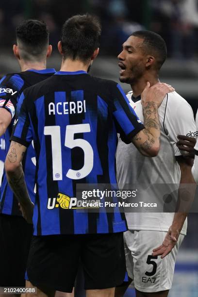 Francesco Acerbi of FC Internazionale talks with Juan Jesus of SSC Napoli during the Serie A TIM match between FC Internazionale and SSC Napoli at...