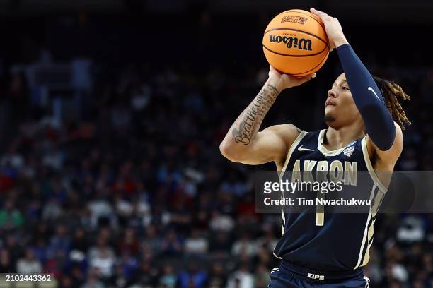 Shammah Scott of the Akron Zips takes a shot against the Creighton Bluejays in the second half in the first round of the NCAA Men's Basketball...
