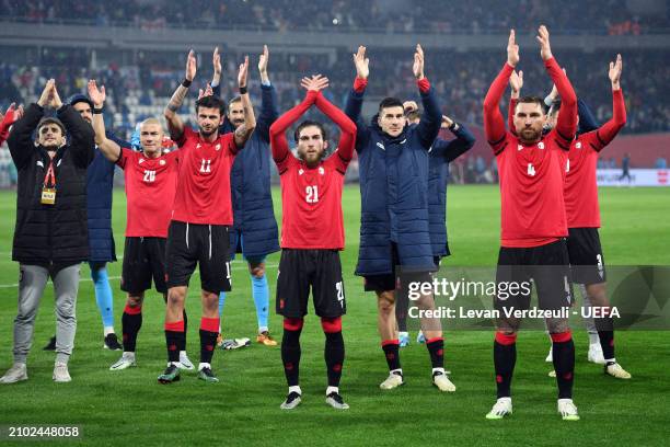Players of Georgia applaud the fans after the team's victory in the UEFA EURO 2024 Play-Offs semifinal match between Georgia and Luxembourg at Boris...