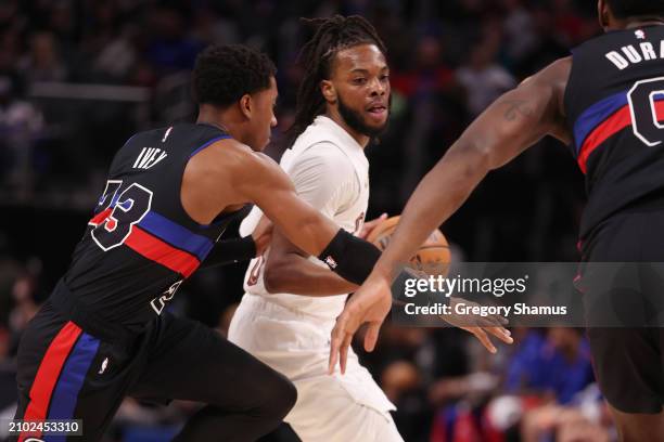 Darius Garland of the Cleveland Cavaliers plays against the Detroit Pistons at Little Caesars Arena on March 01, 2024 in Detroit, Michigan. NOTE TO...