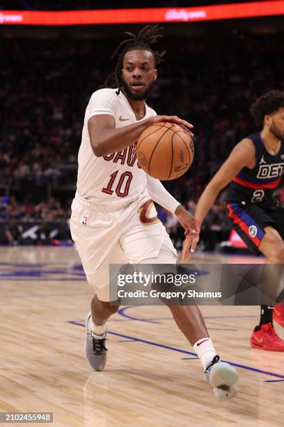 Darius Garland of the Cleveland Cavaliers plays against the Detroit Pistons at Little Caesars Arena on March 01, 2024 in Detroit, Michigan. NOTE TO...