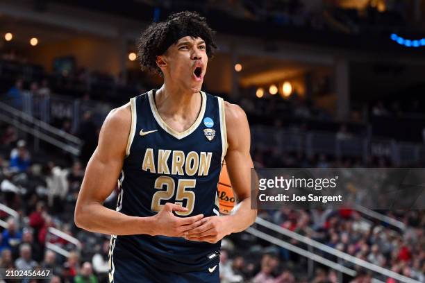 Enrique Freeman of the Akron Zips reacts to a foul call in the second half against the Creighton Bluejays in the first round of the NCAA Men's...