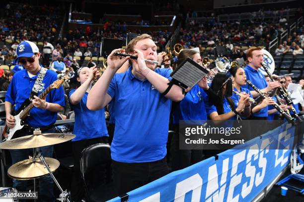 The Creighton Bluejays band performs during the game against the Akron Zips in the first round of the NCAA Men's Basketball Tournament at PPG PAINTS...