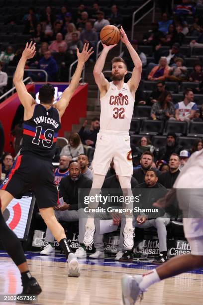 Dean Wade of the Cleveland Cavaliers plays against the Detroit Pistons at Little Caesars Arena on March 01, 2024 in Detroit, Michigan. NOTE TO USER:...