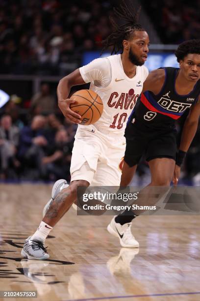 Darius Garland of the Cleveland Cavaliers plays against the Detroit Pistons at Little Caesars Arena on March 01, 2024 in Detroit, Michigan. NOTE TO...