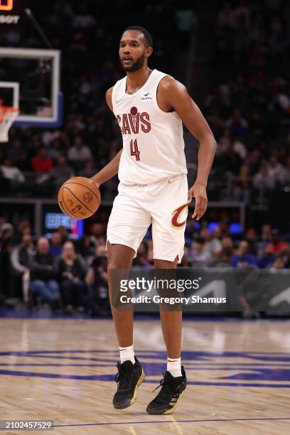 Evan Mobley of the Cleveland Cavaliers plays against the Detroit Pistons at Little Caesars Arena on March 01, 2024 in Detroit, Michigan. NOTE TO...
