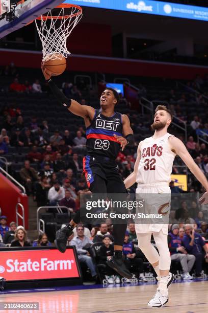 Jaden Ivey of the Detroit Pistons plays against the Cleveland Cavaliers at Little Caesars Arena on March 01, 2024 in Detroit, Michigan. NOTE TO USER:...