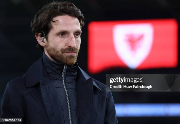 Joe Allen ex international Wales waits to comment on the UEFA EURO 2024 Play-Offs Semi-final between Wales and Finland at Cardiff City Stadium on...