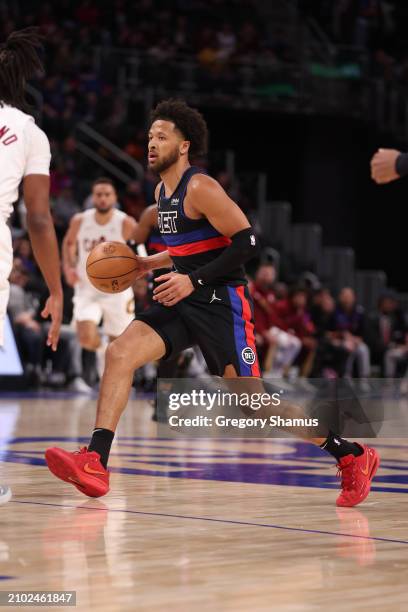 Cade Cunningham of the Detroit Pistons plays against the Cleveland Cavaliers at Little Caesars Arena on March 01, 2024 in Detroit, Michigan. NOTE TO...