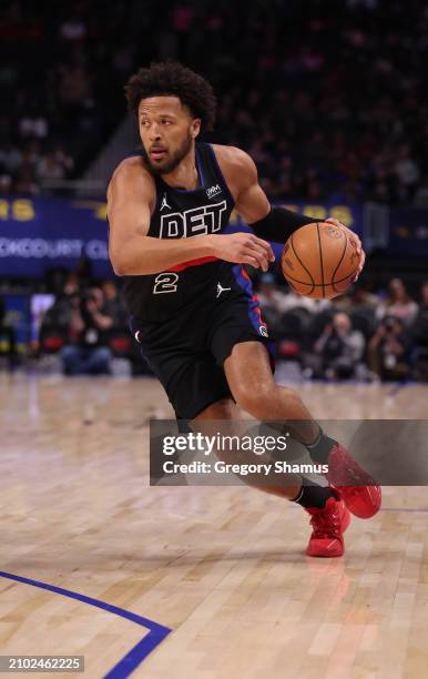 Cade Cunningham of the Detroit Pistons plays against the Cleveland Cavaliers at Little Caesars Arena on March 01, 2024 in Detroit, Michigan. NOTE TO...