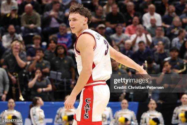 Pelle Larsson of the Arizona Wildcats reacts after a three-point basket during the second half against the Long Beach State 49ers in the first round...