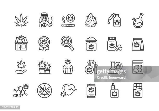 cannabis line icons. pixel perfect. editable stroke. - marijuana leaf outline stock illustrations