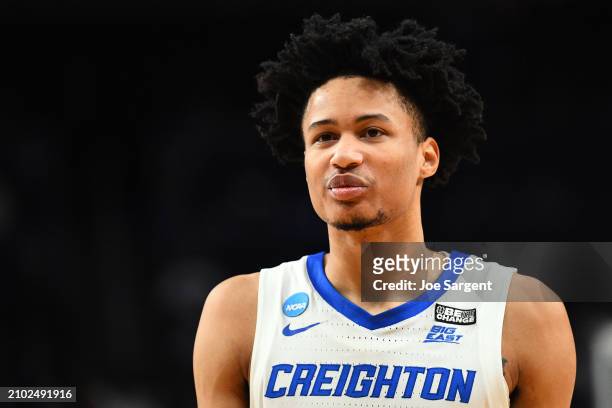 Trey Alexander of the Creighton Bluejays looks on in the second half against the Akron Zips in the first round of the NCAA Men's Basketball...