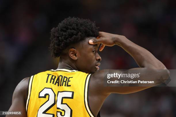Aboubacar Traore of the Long Beach State 49ers reacts during the second half against the Arizona Wildcats in the first round of the NCAA Men's...