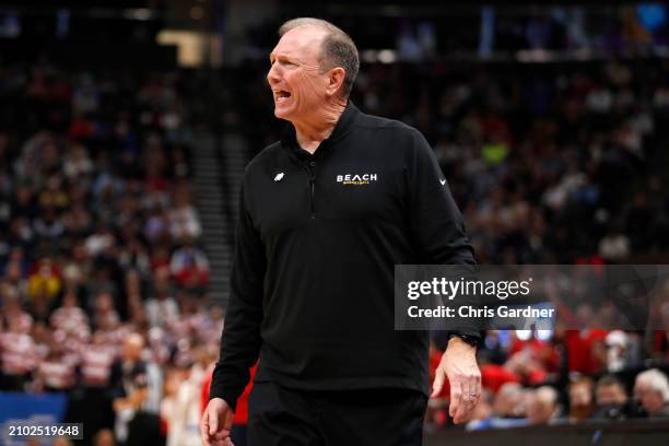 Head coach Dan Monson of the Long Beach State 49ers reacts during the second half against the Arizona Wildcats in the first round of the NCAA Men's...