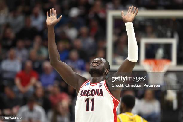 Oumar Ballo of the Arizona Wildcats reacts during the second half against the Long Beach State 49ers in the first round of the NCAA Men's Basketball...