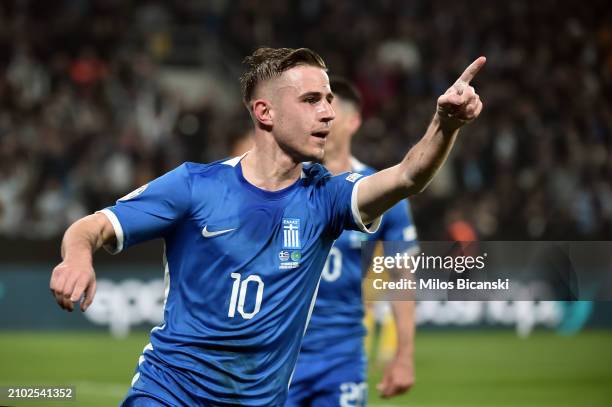 Dimitris Pelkas of Greece celebrates scoring his team's second goal during the UEFA EURO 2024 Play-Offs semifinal match between Greece and Kazakhstan...