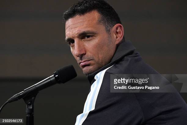 Head Coach of Argentina Lionel Scaloni talks to media during a press conference at Lincoln Financial Field on March 21, 2024 in Philadelphia,...