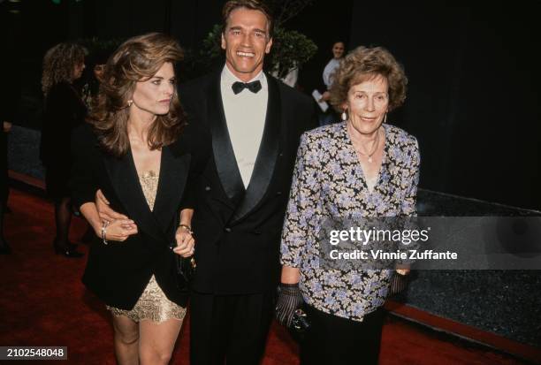 American journalist Maria Shriver, Austrian-American actor and politician Arnold Schwarzenegger, and Schwarzenegger's mother, Aurelia Schwarzenegger,...