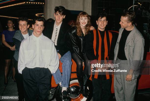 American singer Tiffany Darwish with American boyband New Kids on the Block at Tiffany's 18th birthday celebrations, held at Mel's Diner in Universal...