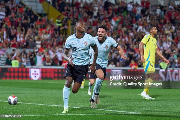 Rafael Leao of Portugal celebrates after scoring his team's first goal during the international friendly match between Portugal and Sweden at Estadio...