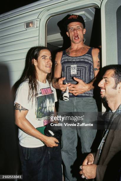 Australian-born American musician and actor Flea and his Red Hot Chilli Peppers' bandmate, American singer and songwriter Anthony Kiedis attend the...
