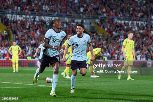 Rafael Leao of Portugal celebrates after scoring his team's first goal during the international friendly match between Portugal and Sweden at Estadio...