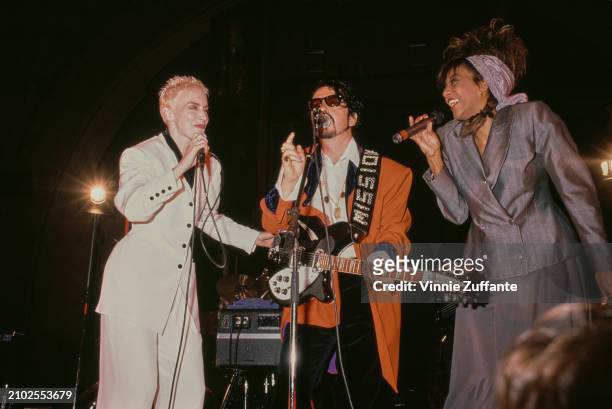 British pop duo Eurythmics in concert at the Pantages Theater in the Hollywood neighbourhood of Los Angeles, California, 28th August 1989. The...