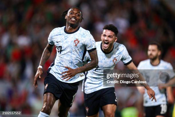 Rafael Leao of Portugal celebrates after scoring his team's first goal during the international friendly match between Portugal and Sweden on March...