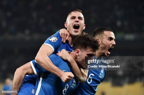 Fotis Ioannidis of Greece celebrates scoring his team's third goal with teammates during the UEFA EURO 2024 Play-Offs semifinal match between Greece...