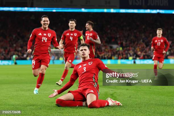 Neco Williams of Wales celebrates scoring his team's second goal during the UEFA EURO 2024 Play-Offs Semi-final match between Wales and Finland at...