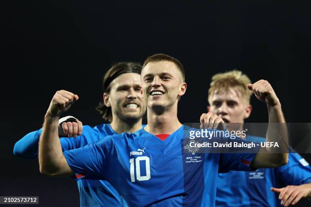 Albert Gudmundsson of Iceland celebrates scoring his team's first goal during the UEFA EURO 2024 Play-Offs semifinal match between Israel and Iceland...