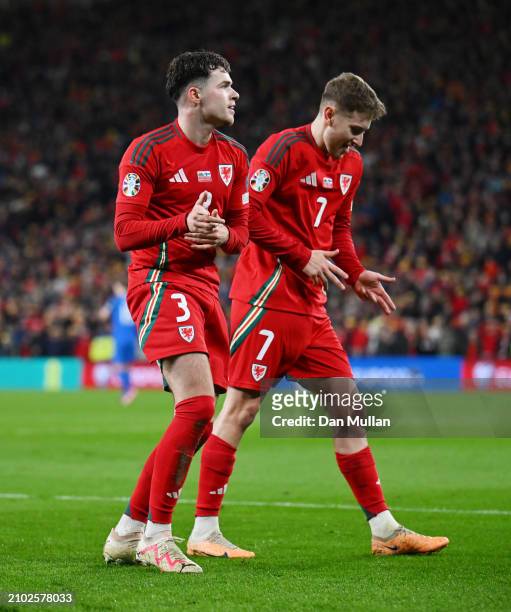 Neco Williams of Wales celebrates scoring his team's second goal with David Brooks during the UEFA EURO 2024 Play-Offs Semi-final match between Wales...