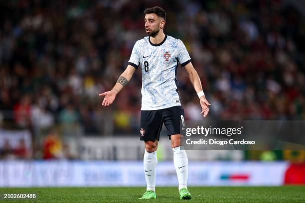 Bruno Fernandes of Portugal gestures during the international friendly match between Portugal and Sweden on March 21, 2024 in Guimaraes, Portugal.