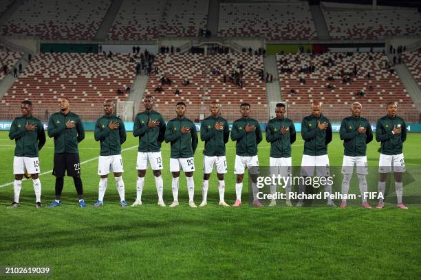 Players of South Africa stand for the national anthem prior to the FIFA Series 2024 Algeria match between Andorra and South Africa at Stade 19 Mai...