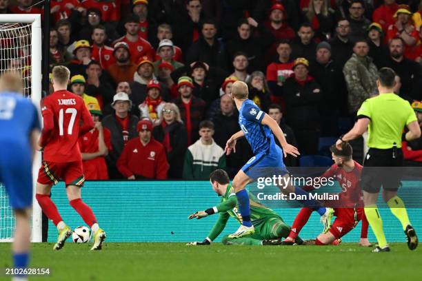 Teemu Pukki of Finland scores his team's first goal during the UEFA EURO 2024 Play-Offs Semi-final match between Wales and Finland at Cardiff City...