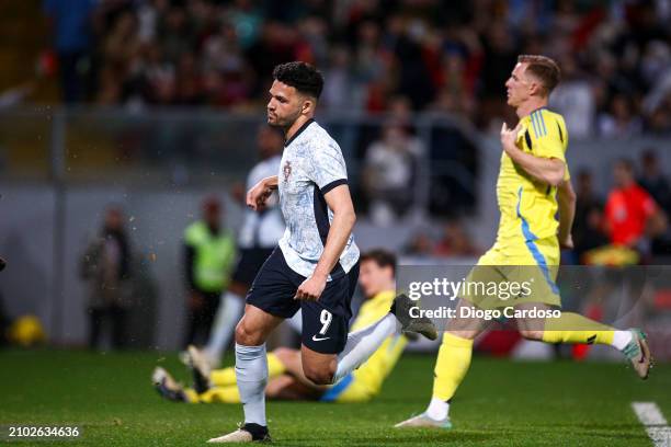 Goncalo Ramos of Portugal celebrates after scoring his team's fifth goal during the international friendly match between Portugal and Sweden on March...