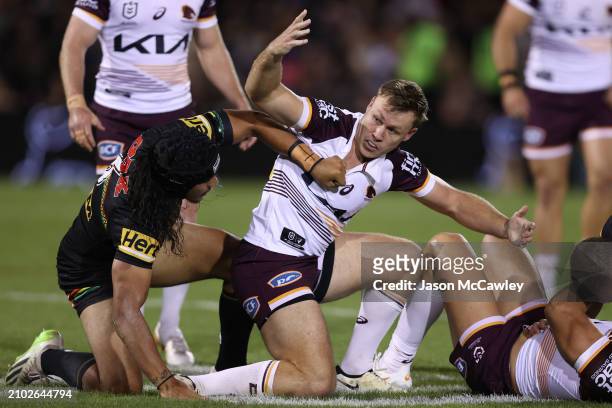 Billy Walters of the Broncos reacts during the round three NRL match between Penrith Panthers and Brisbane Broncos at BlueBet Stadium on March 21,...