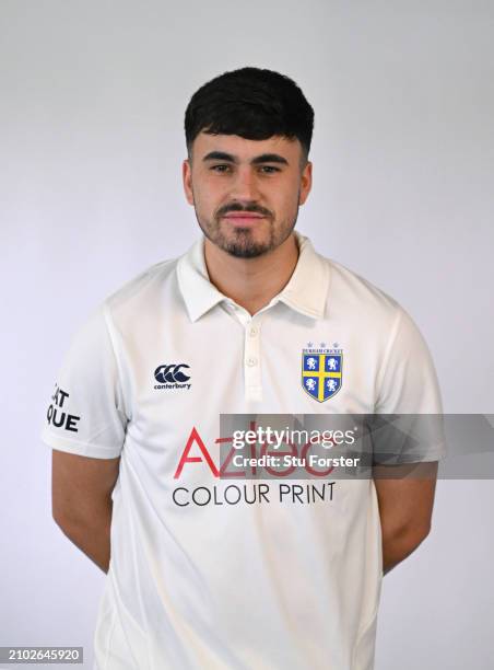 Mitch Killeen poses for a portrait in whites during the Durham CCC photocall ahead of the 2024 season at Seat Unique Riverside on March 21, 2024 in...