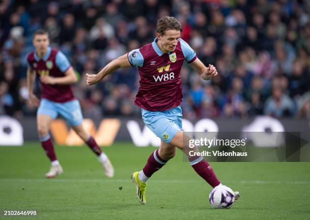 Sander Berge of Burnley in action during the Premier League match between Burnley FC and Brentford FC at Turf Moor on March 16, 2024 in Burnley,...