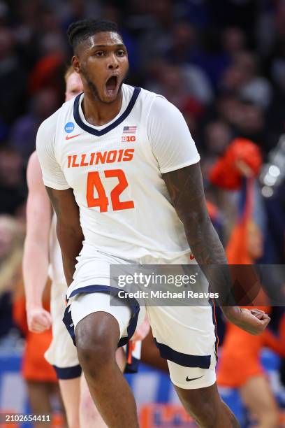 Dain Dainja of the Illinois Fighting Illini reacts after a shot against the Morehead State Eagles during the second half in the first round of the...