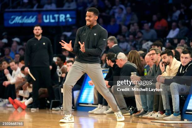 Head coach Kim English of the Providence Friars reacts to a call during the Quarterfinals of the Big East Basketball Tournament against the Creighton...